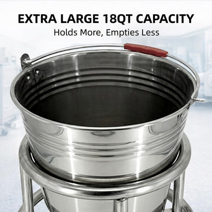 Stainless Steel Kick Bucket with Rolling Stand - Large 18 Quart Capacity, Removable Bason, Quiet Casters, Durable Frame - Ideal for Medical, Surgical, and Cleaning Use