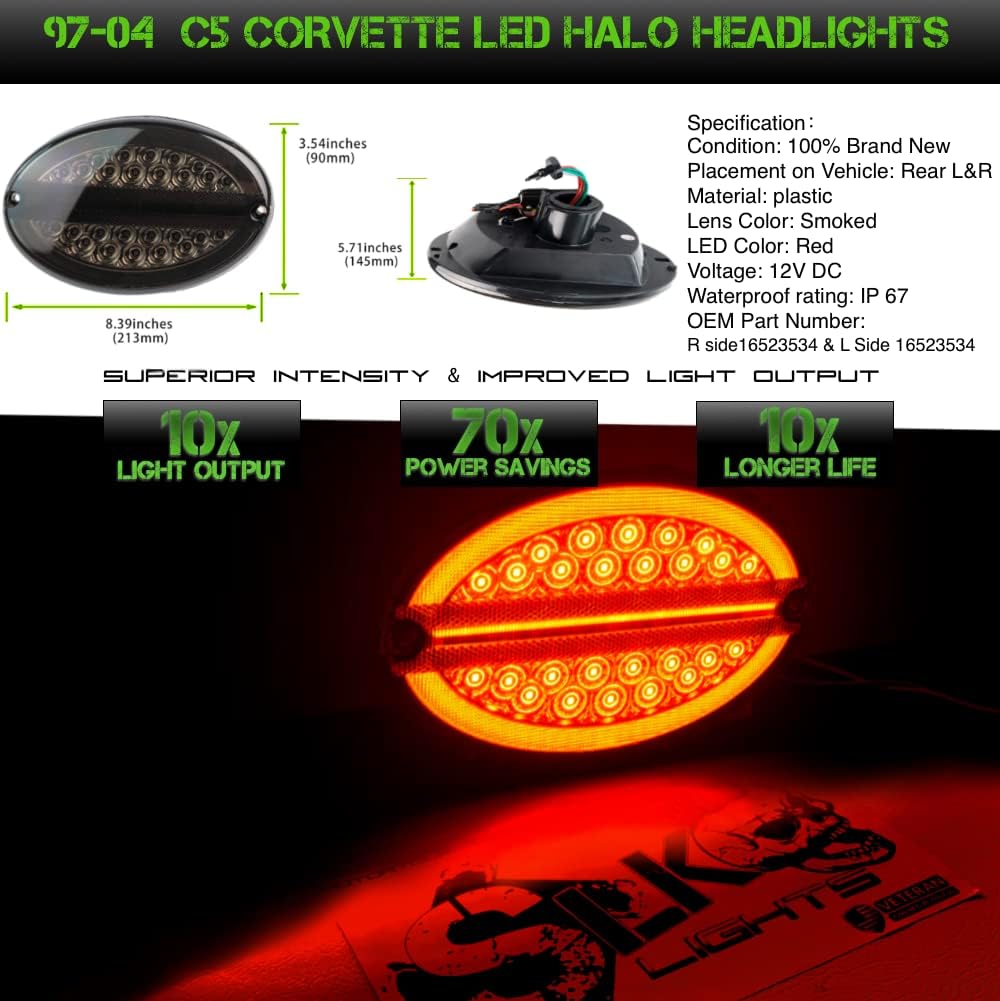 LED Halo Tail Lights Compatible with 1997–2004 Chevrolet Corvette C5, Smoked Lens Rear Brake Turn Signal Lamps, Plug and Play Replacement Set (Smoked Tinted Lens)