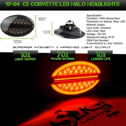 LED Halo Tail Lights Compatible with 1997–2004 Chevrolet Corvette C5, Smoked Lens Rear Brake Turn Signal Lamps, Plug and Play Replacement Set (Smoked Tinted Lens)