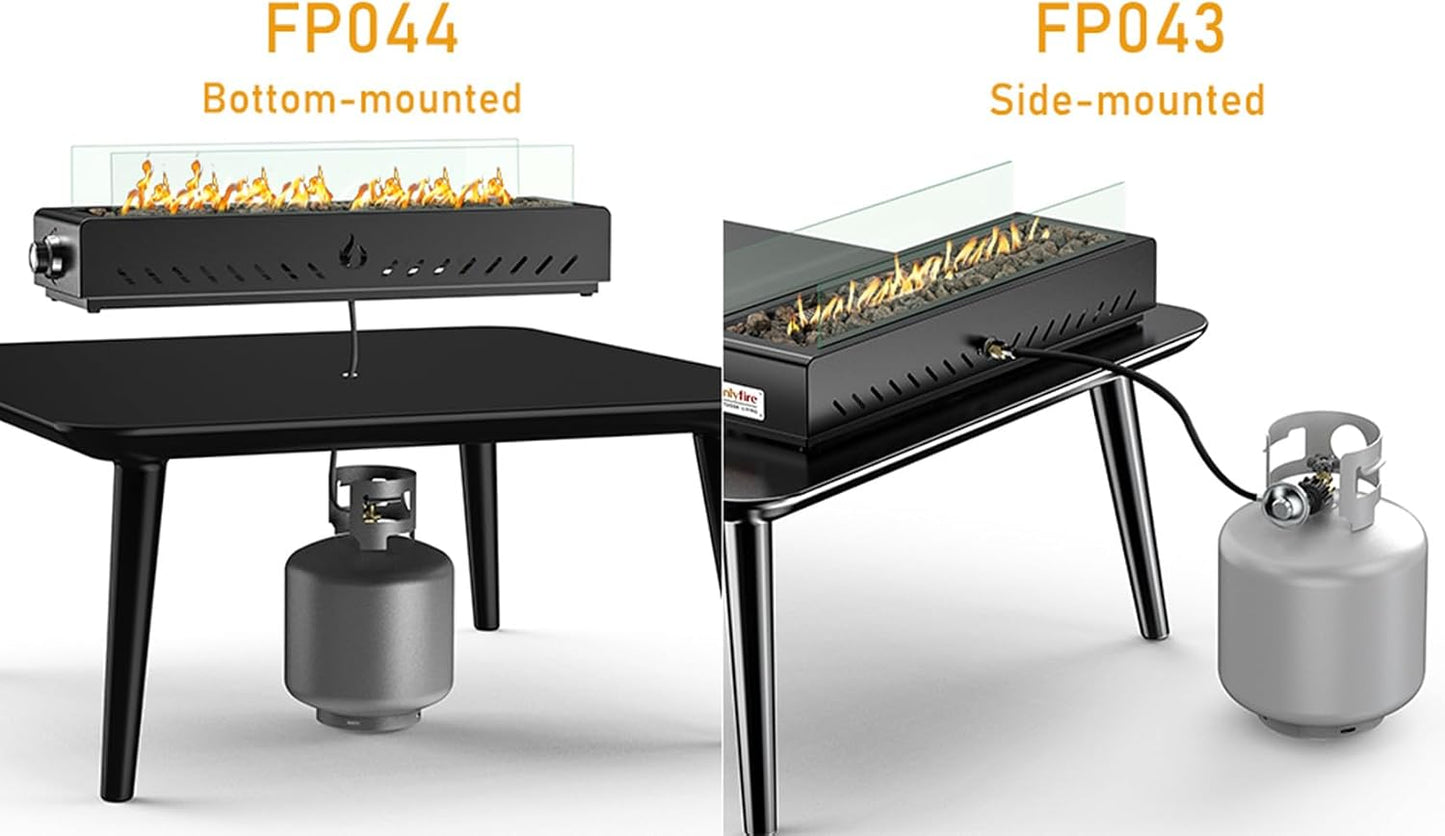 28" Gas Fire Pit Bottom-Mounted for Table with Umbrella Hole, FP044 Portable Smokeless Propane Fireplace with Lava Rock & Glass Shield for Outdoor Patio Backyard Camping RV Tailgating, 40000BTU