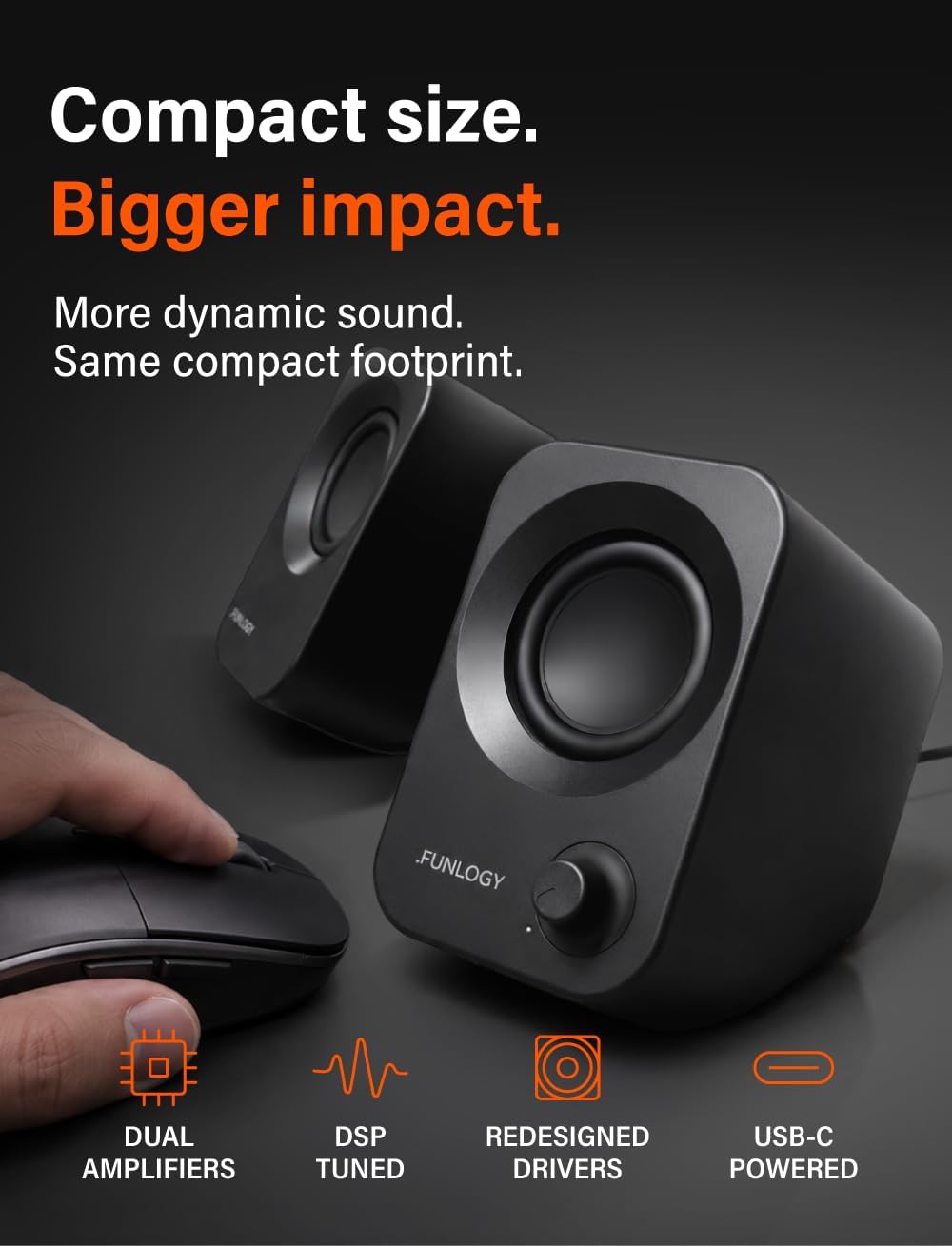 FUNLOGY Speaker Plus - 14W Stereo PC Speakers, Dual Amplifiers & DSP Tuned, USB-C Powered, 3.5mm AUX, Compact Desktop Speakers with 30° Tilt, for PC, Laptop, Monitor & Gaming,Black