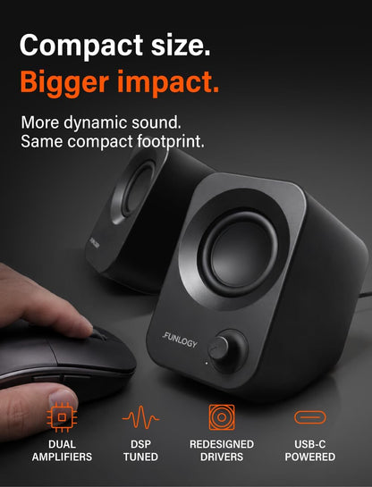 FUNLOGY Speaker Plus - 14W Stereo PC Speakers, Dual Amplifiers & DSP Tuned, USB-C Powered, 3.5mm AUX, Compact Desktop Speakers with 30° Tilt, for PC, Laptop, Monitor & Gaming,Black