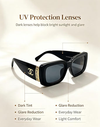 HyperionFlo Essentials Black Oversized Square Sunglasses with Gold Metal Accents, UV400 Dark Gray Tinted Lenses, Full Coverage