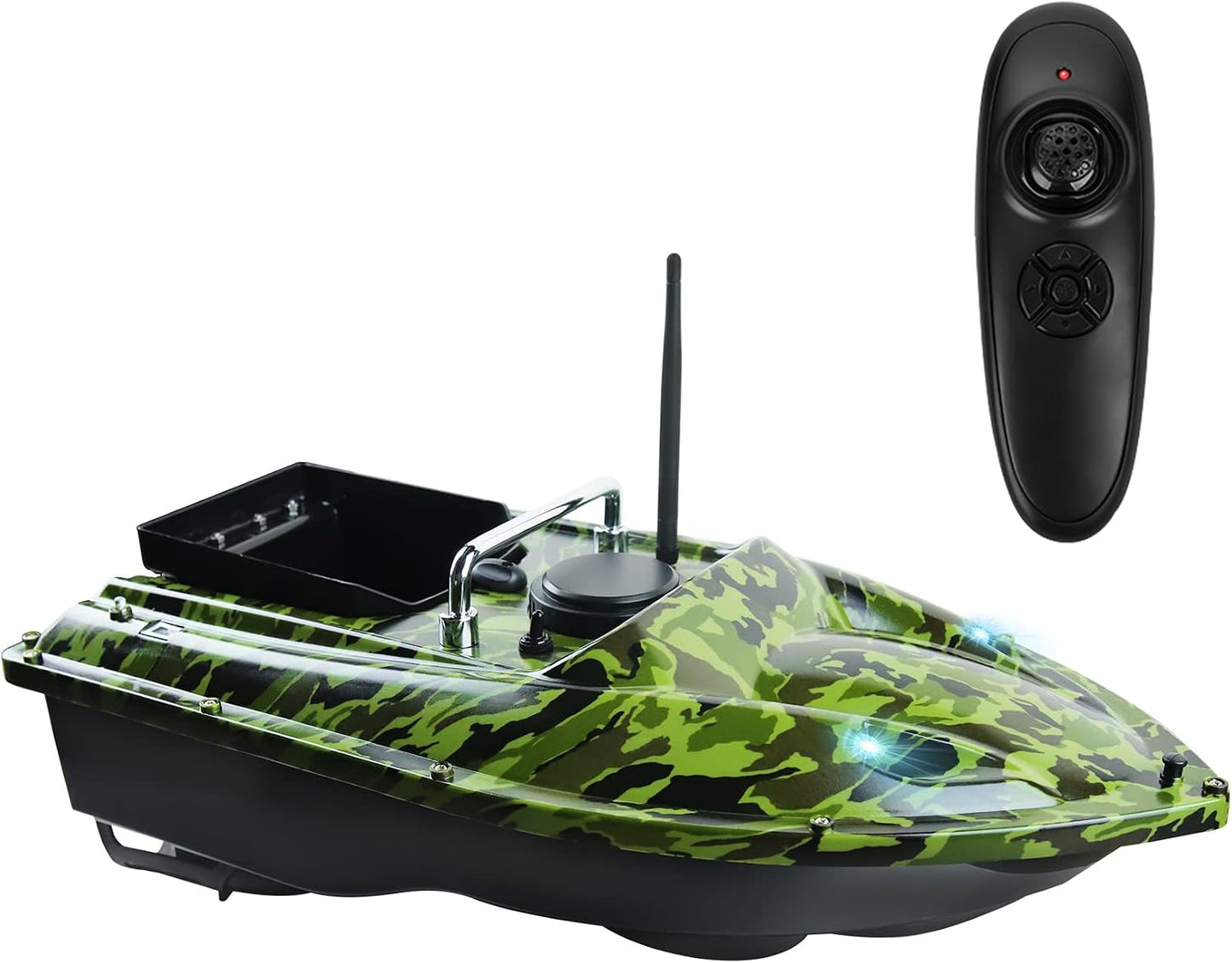 RC Bait Boat for Carp Fishing, 3.3 lb Bait Hopper, Dual Motors, Cruise Control, Low Battery Warning, Waterproof Hull with LED Navigation Lights, 5200mAh Battery, Camo Green