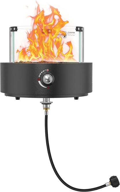15.7" Gas Fire Pit Bottom-Mounted for Table with Umbrella Hole, FP039 Portable Smokeless Propane Fireplace with Lava Rocks & Glass Shield for Outdoor Patio Backyard Camping RV Tailgating, Round