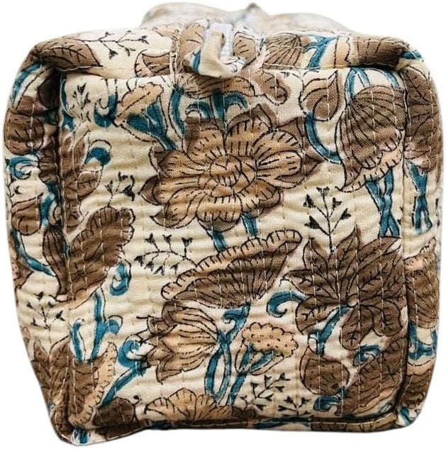 HyperionFlo Essentials 3-Piece Floral Quilted Cotton Travel Cosmetic Pouch Set, Handblock Printed Organizers with Zipper Closure, Color #2