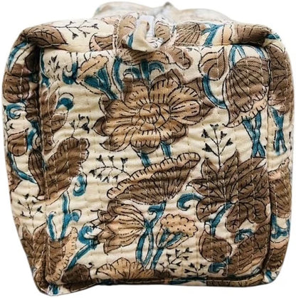 HyperionFlo Essentials 3-Piece Floral Quilted Cotton Travel Cosmetic Pouch Set, Handblock Printed Organizers with Zipper Closure, Color #2
