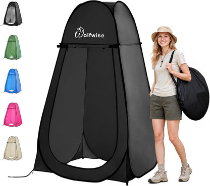 WolfWise Pop Up Shower Tent, Portable Privacy Tent for Camping, Beach & Hiking, Waterproof Changing Room & Toilet Shelter with UPF30+ Protection, Black