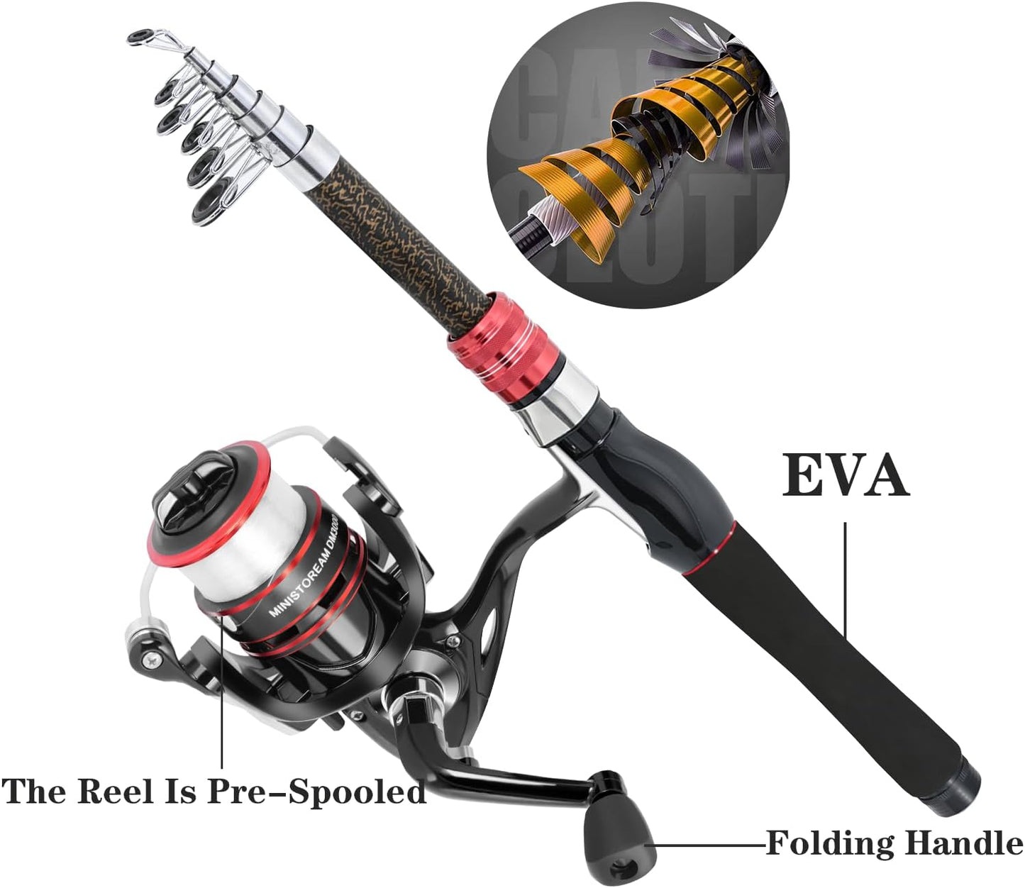 ministoream 2-Pack Carbon Fiber Fishing Rod and Reel Combo, 6.89ft Telescopic Spinning Rods with 57-Piece Accessories Kit for Bass, Saltwater & Freshwater