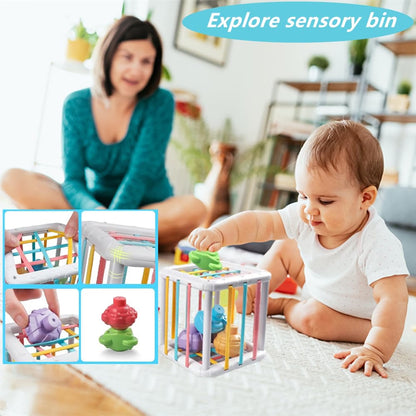 Etyat Montessori Baby Toys Set, 6-12 Months Sensory Toys with Silicone Pull String, Stacking Blocks, Cups, Tissue Box & Shape Sorter, Educational Infant Toddler Gift Set