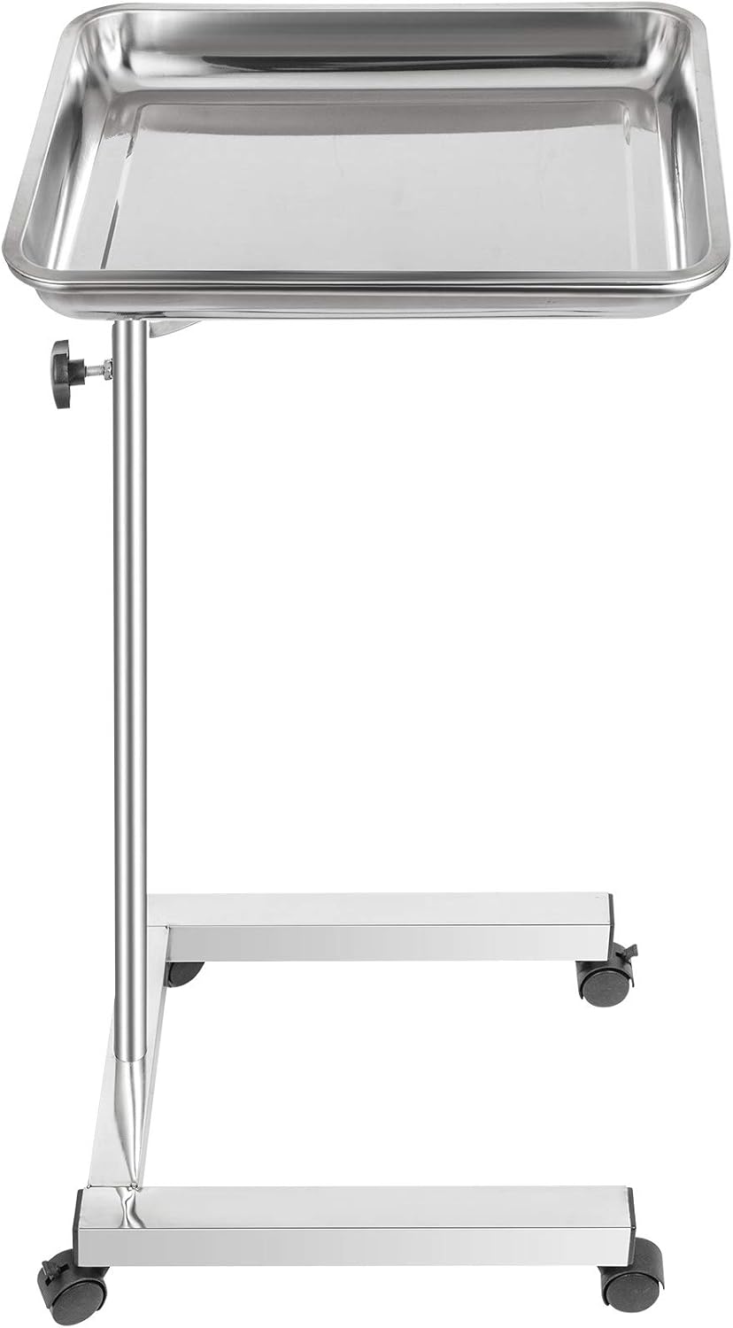 VEVOR Mayo Stand 18 x 14 inch Medical Tray, Height Adjustable 32-51 inch, Stainless Steel Lab Cart with Removable Tray & 4 Swivel Wheels, Metal Instrument Procedure Tray for Home Equipment, Dental