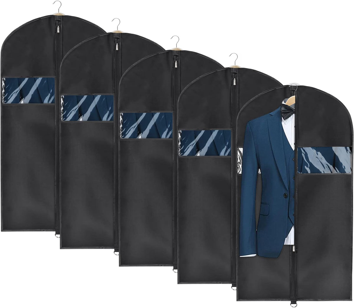 Univivi Garment Bags for Storage & Travel, 43-Inch Suit Covers, 5-Pack Washable Oxford Fabric Clothing Bags with Transparent Window & Zipper, Black