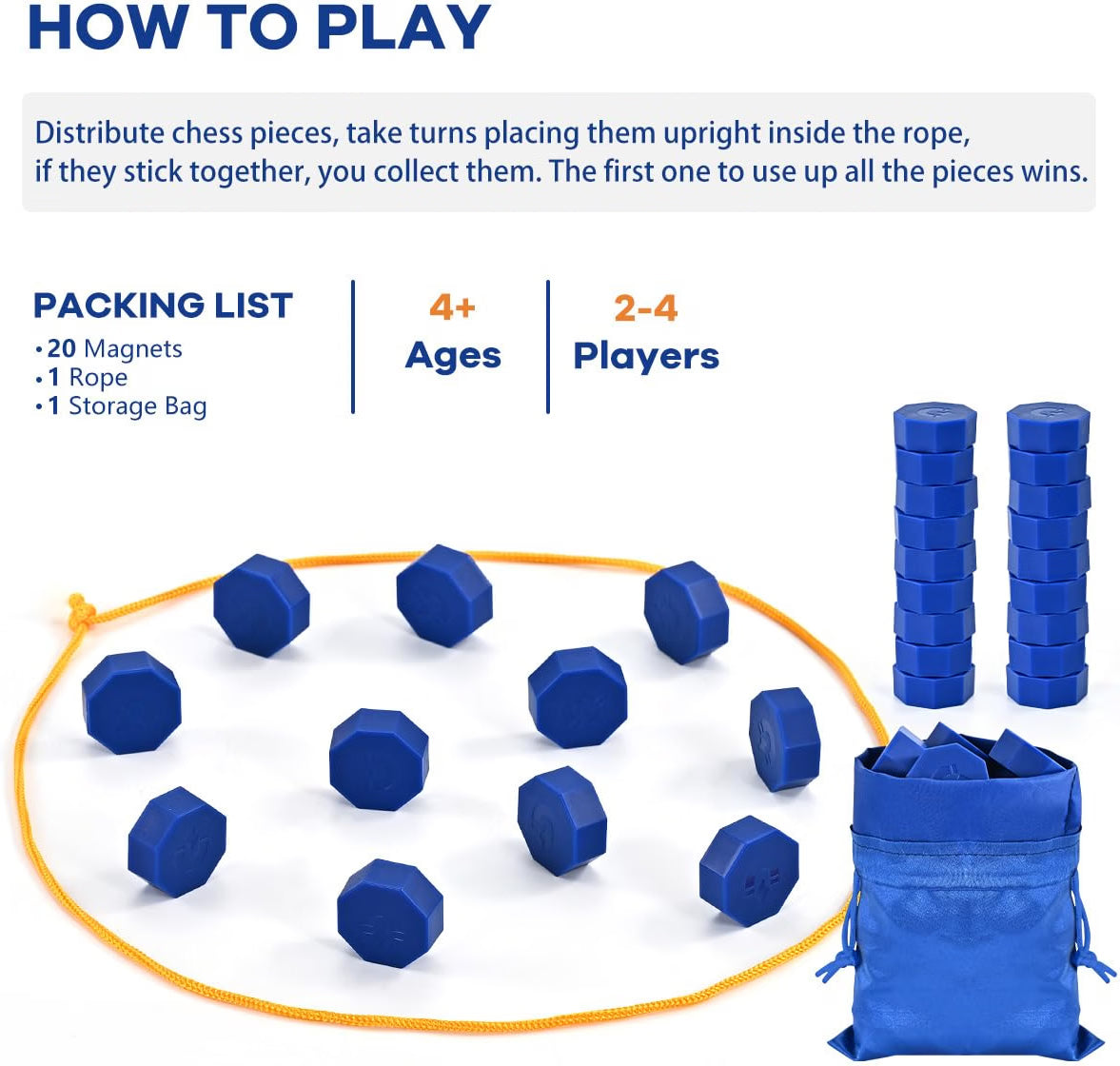 Bameca Magnetic Chess Game with Full-Size Stones, String Strategy Game for Kids & Adults, 20 Magnetic Stones, 2–4 Players, Portable Family Puzzle Game