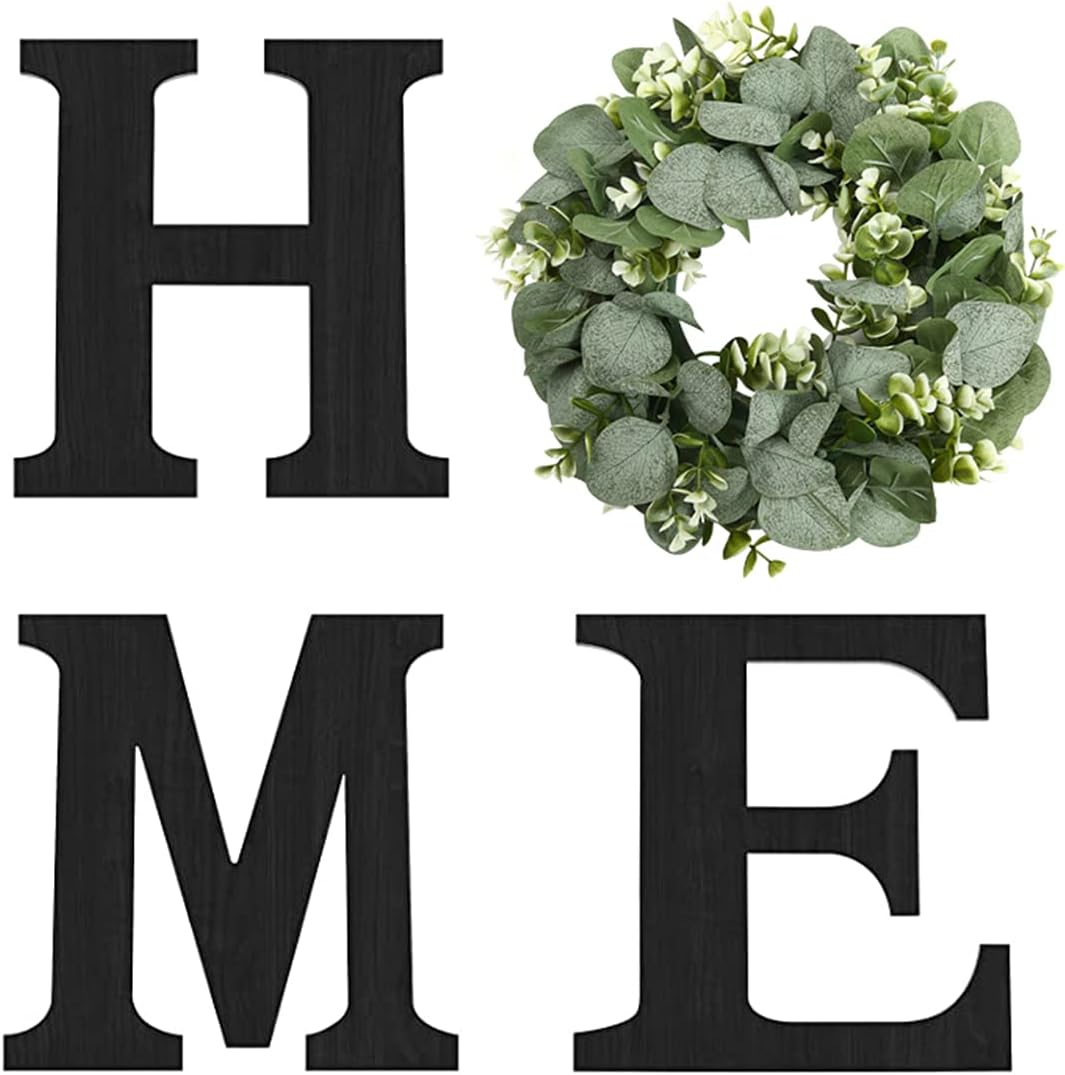 Wood Home Sign with Eucalyptus Wreath, Rustic Farmhouse Wall Decor