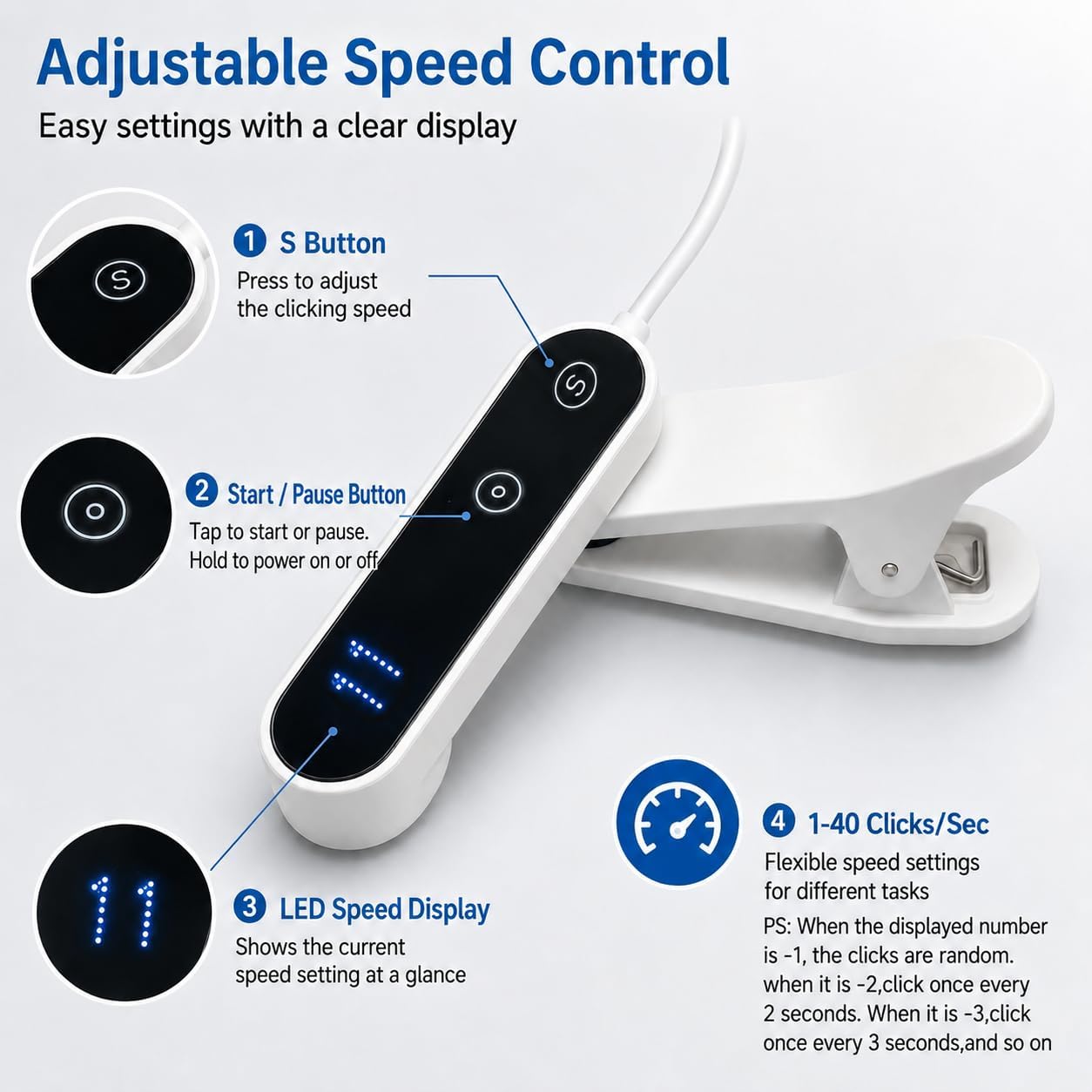 Clicker Automático con Cable 2 Unidades para iPhone iPad Android, Pulsador de Pantalla Silencioso USB con Cable, 2 unidades, pulsación silenciosa, pantalla digital de velocidad, clip ajustable, para teléfonos y tabletas