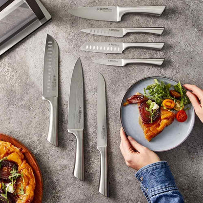 Cuisine::pro Damashiro Satori 8-Piece Japanese Steel Kitchen Knife Set Transparent Display Magnetic Block with Acacia Wood Chopping Board for Convenient Knife Storage and Everyday Food Preparation