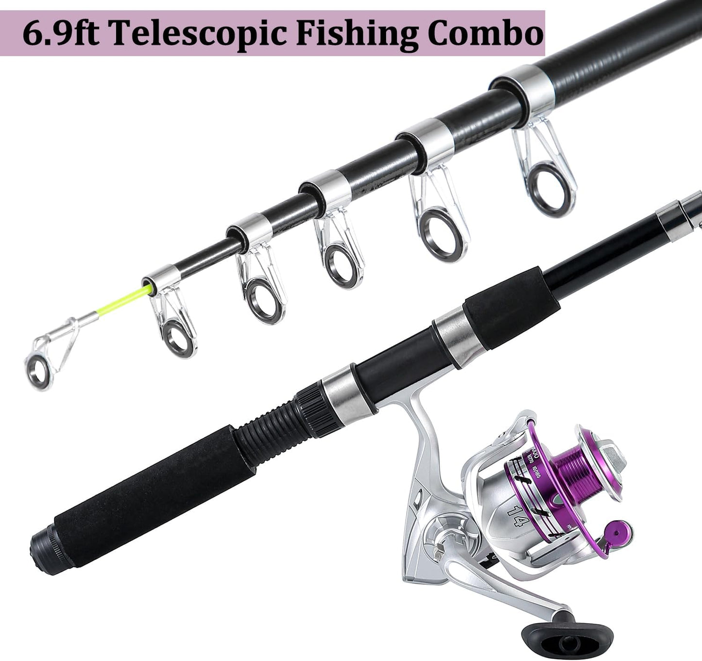 Tripquips Fishing Pole Combo, 6.9ft 2-Piece Telescopic Fishing Rods with 2 Spinning Reels, Carrier Bag, Lures & Accessories for Freshwater Fishing