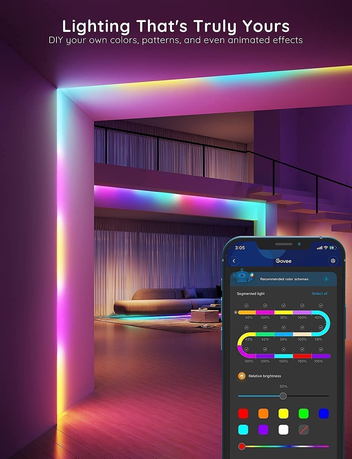 Govee 100ft RGBIC LED Strip Lights, Work with Alexa and Google Assistant LED Lights for Bedroom, WiFi App Control Segmented DIY Multiple Colors, Color Changing Light for Home Decor