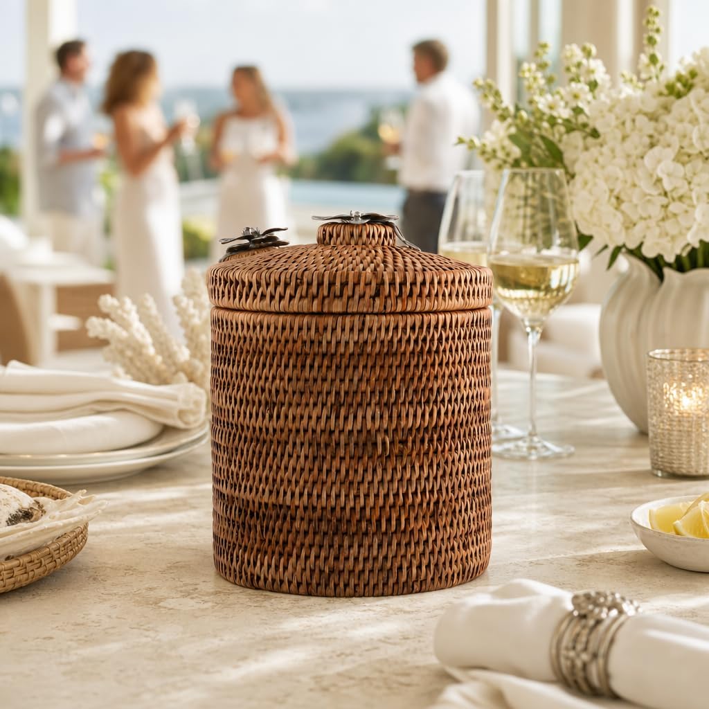 Vagabond House Wicker Ice Bucket with Pewter Orchid Knob, Stainless Steel Lined Rattan Champagne Holder, 8-Inch