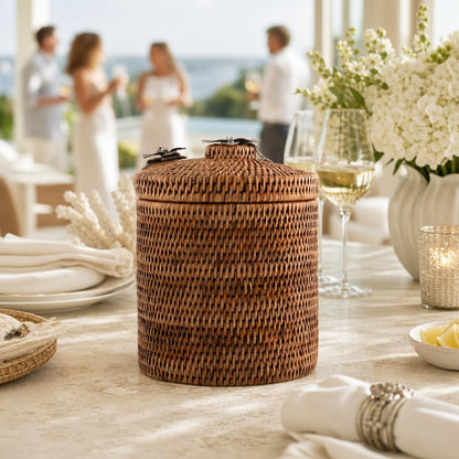 Vagabond House Wicker Ice Bucket with Pewter Orchid Knob, Stainless Steel Lined Rattan Champagne Holder, 8-Inch