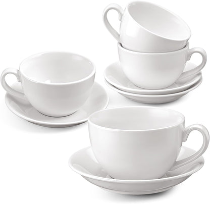 4 Set 16oz Cappuccino Cups with Saucers, Heavyweight Porcelain Large Ceramic Coffee Mugs, White Espresso Cup Saucer Set, Housewarming Gift, for Tea, Espresso, Latte, Kitchen Cafe