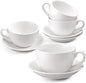 4 Set 16oz Cappuccino Cups with Saucers, Heavyweight Porcelain Large Ceramic Coffee Mugs, White Espresso Cup Saucer Set, Housewarming Gift, for Tea, Espresso, Latte, Kitchen Cafe