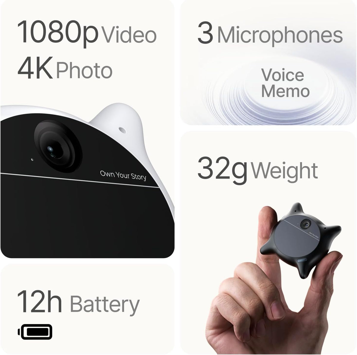 Looki L1 AI Multimodal Wearable for Life, 32g Lightweight Hands-Free Action Lifelogging Device with 1080P Video, 3 Mics, AI Vlogs & Comics, Proactive Intelligence, 32GB Privacy-First Storage (White)