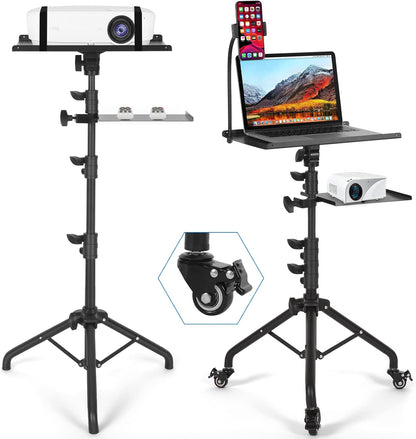 Tossbiss Laptop Tripod on Wheels with 2 Shelves Portable Projector Floor Stand Adjustable Height 25.9 to 51.8 Inch with Phone Holder, Projector Stand