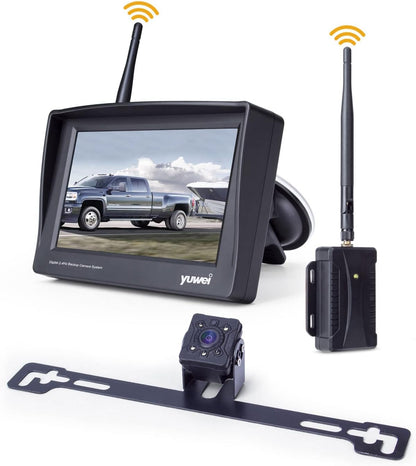 Wireless Backup Camera System with 4.3 inch Split Screen, IP69K Waterproof Wireless Rear View Camera with Night Vision, Support add 2nd Wireless Reversing Camera for Trailer, Vans, Cars, Rv, etc