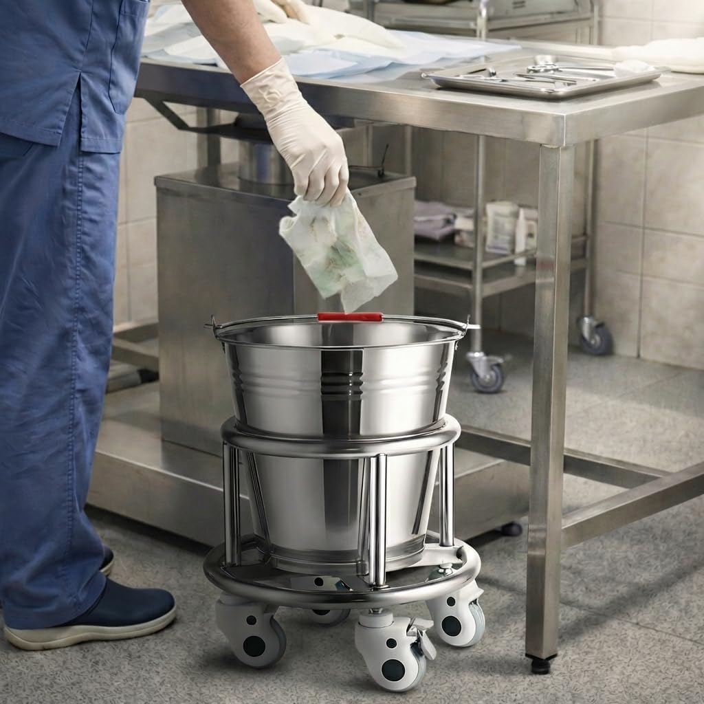 Stainless Steel Kick Bucket with Rolling Stand - Large 18 Quart Capacity, Removable Bason, Quiet Casters, Durable Frame - Ideal for Medical, Surgical, and Cleaning Use