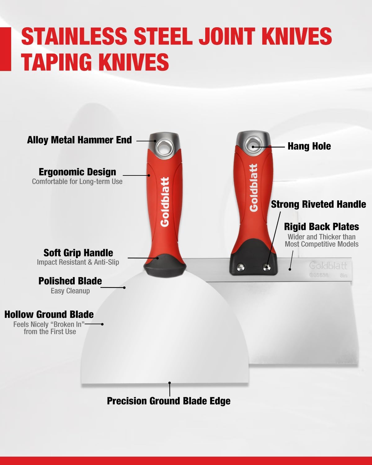 Goldblatt Drywall Hand Tool Kit, 6‑Piece Painter’s Tools Stainless Steel Putty Knives, 14 in 1 Paint Scraper, 6'' and 4'' Flex Joint Knives, 8'' and 12'' Taping Knives, 12'' Mud Pan