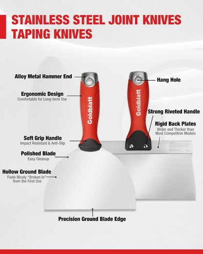 Goldblatt Drywall Hand Tool Kit, 6‑Piece Painter’s Tools Stainless Steel Putty Knives, 14 in 1 Paint Scraper, 6'' and 4'' Flex Joint Knives, 8'' and 12'' Taping Knives, 12'' Mud Pan