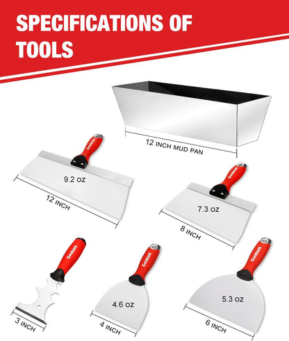 Goldblatt Drywall Hand Tool Kit, 6‑Piece Painter’s Tools Stainless Steel Putty Knives, 14 in 1 Paint Scraper, 6'' and 4'' Flex Joint Knives, 8'' and 12'' Taping Knives, 12'' Mud Pan