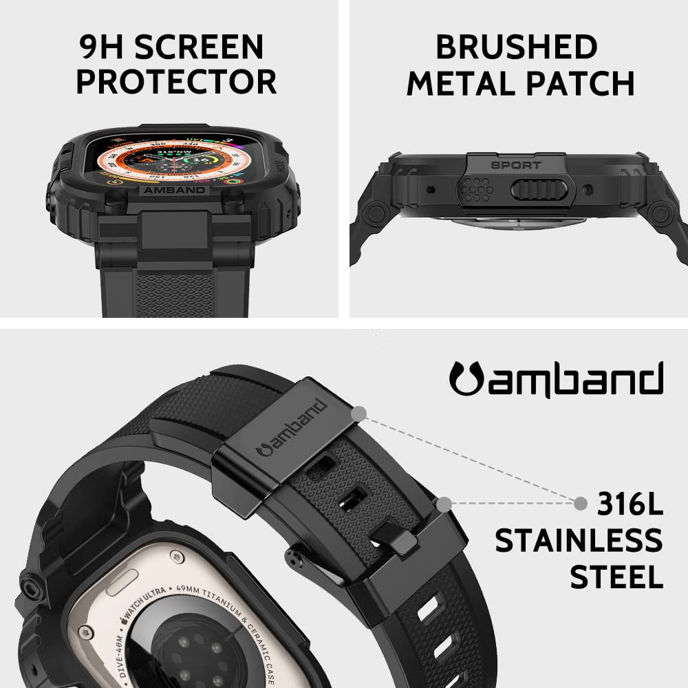 amBand M1 Sport Rugged Apple Watch Ultra Band & Case 49mm, 9H Tempered Glass Screen Protector, TPU Protective Bumper Strap for Men, Black