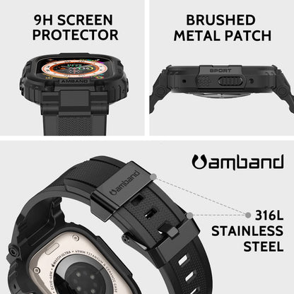 amBand M1 Sport Rugged Apple Watch Ultra Band & Case 49mm, 9H Tempered Glass Screen Protector, TPU Protective Bumper Strap for Men, Black