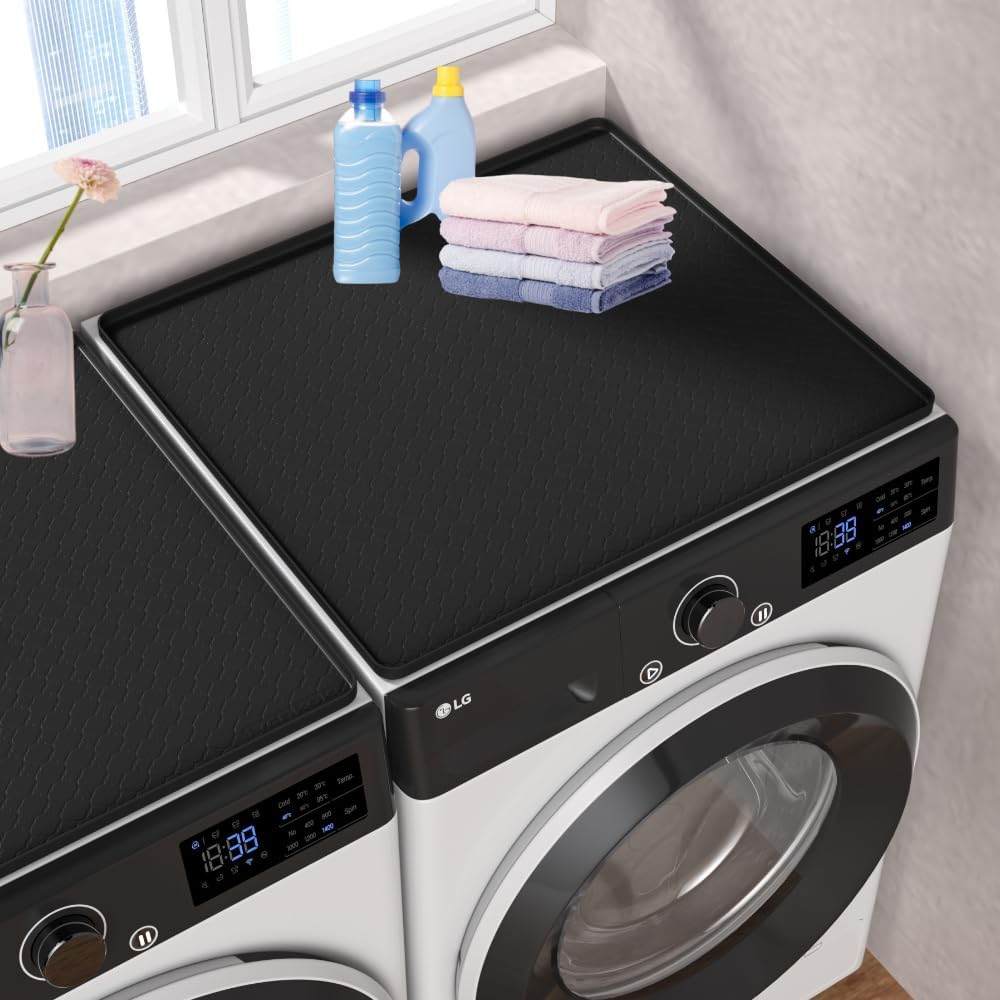 Washer and Dryer Topper Protector, 2 Pcs 27''x 27'' Black Silicone Laundry Top Washing Machine Top Cover, Non-Slip Rubber Mat Large Washer and Dryer Cover for the Top