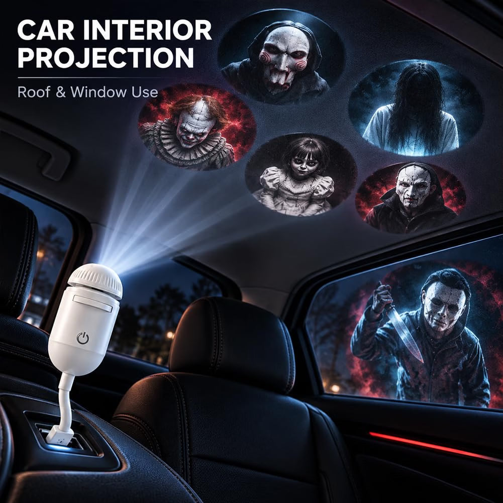 HyperionFlo Essentials Halloween Window Projector for Car, 360° Rotating USB-Powered Horror Projector with Interchangeable Slides, Set-B