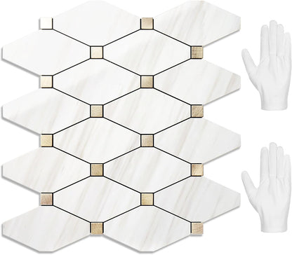 STICKGOO 10 Sheets Peel and Stick Backsplash, Polished Dolomite PVC Mixed Metal Gold Kitchen Backsplash, Waterproof, Stick on Wall Tiles for Kitchen, Bathroom, Vanities, RV