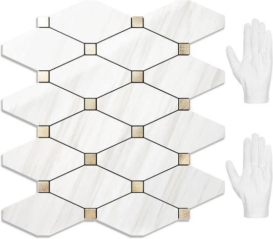STICKGOO 10 Sheets Peel and Stick Backsplash, Polished Dolomite PVC Mixed Metal Gold Kitchen Backsplash, Waterproof, Stick on Wall Tiles for Kitchen, Bathroom, Vanities, RV