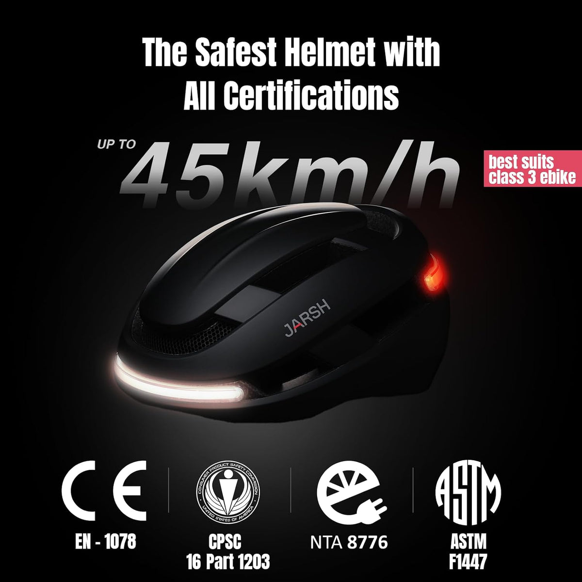 jarsh Commute Smart E-Bike Helmet with Lights, NTA-8776 Certified Electric Bike Helmet with 360° LED Lights, Turn Signals, Wireless Remote & Fidlock Buckle, Adult M 55–59cm, Black