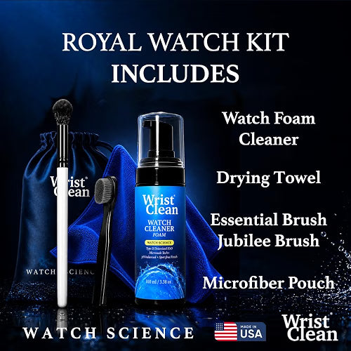 WristClean Royal Watch Cleaning Kit, 5-Piece Watch Cleaning Set with 100ML Foam Cleaner, Drying Towel, 2 Non-Scratch Brushes & Microfiber Pouch, USA Made