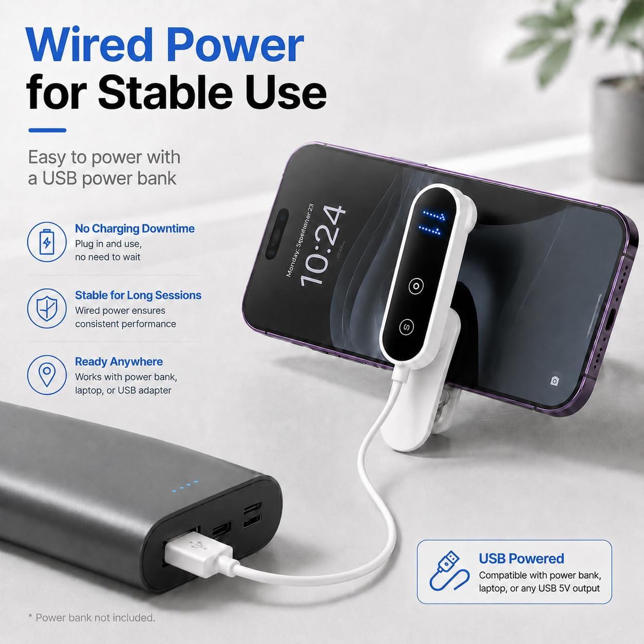 Clicker Automático con Cable 2 Unidades para iPhone iPad Android, Pulsador de Pantalla Silencioso USB con Cable, 2 unidades, pulsación silenciosa, pantalla digital de velocidad, clip ajustable, para teléfonos y tabletas