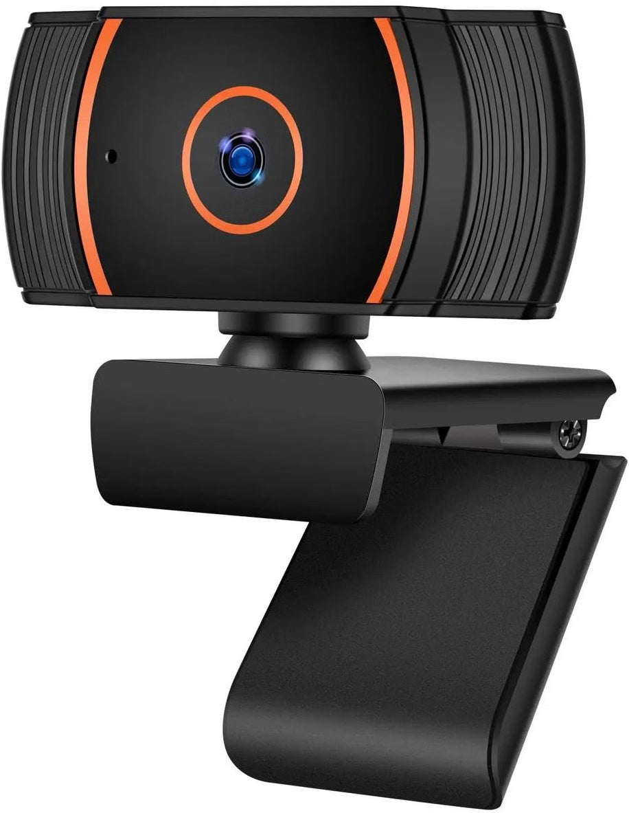 HyperionFlo Essentials HD 1080p Webcam with Built-In Microphone, 360° Rotation & Tilt, USB Plug-and-Play Camera, Black and Orange