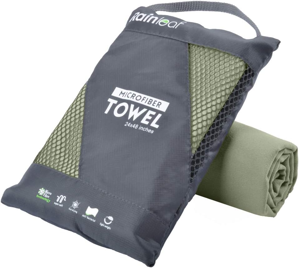 Rainleaf Microfiber Towel, 48 x 24 Inch Quick-Dry Camping, Travel & Gym Towel, Super Absorbent Lightweight Compact Bath Towel, Army Green