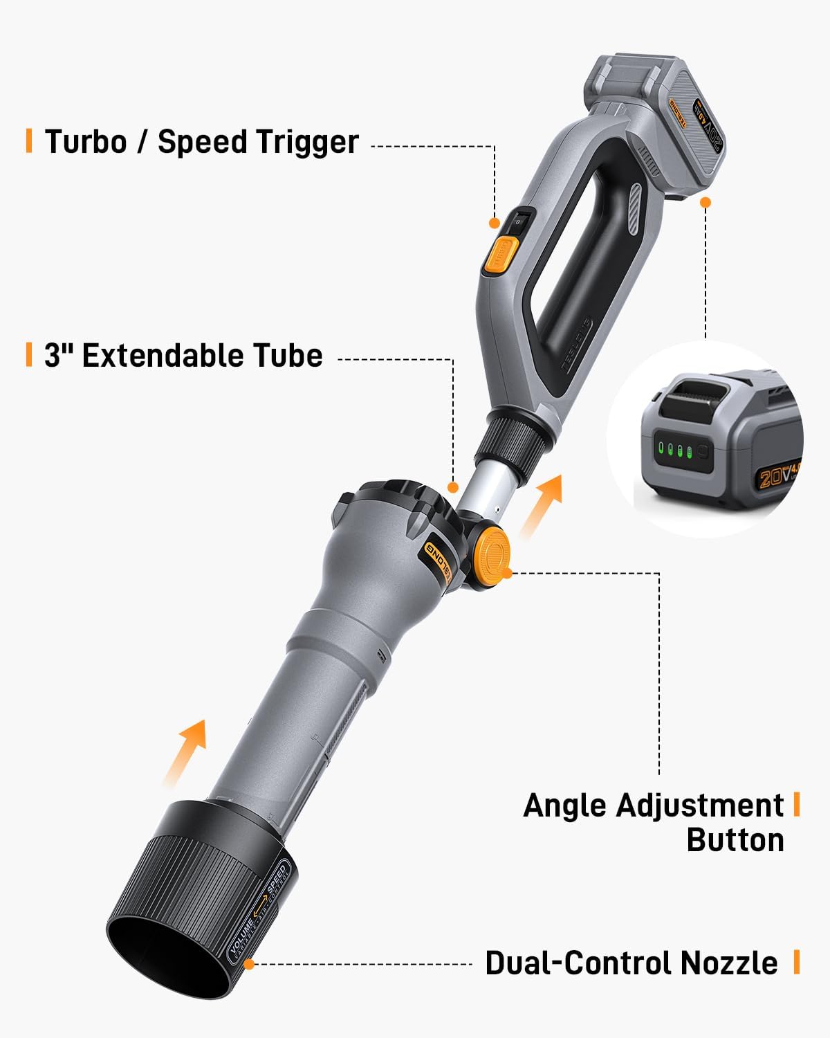 Teslong 20V Brushless Leaf Blower 600 CFM Cordless w/Battery & Charger Adjustable Angle; 600 CFM Airflow; 115 MPH Max Speed; 20V Brushless Motor; Turbo Mode; Dual Air Speed/Air Volume Mode