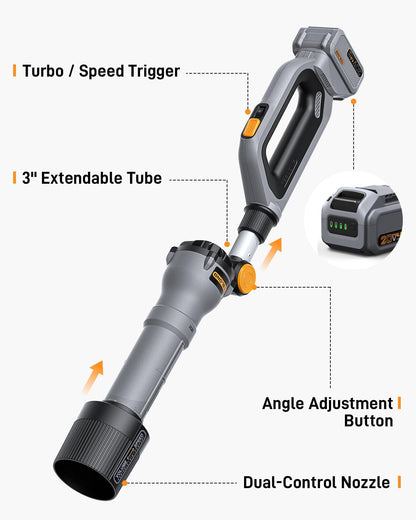 Teslong 20V Brushless Leaf Blower 600 CFM Cordless w/Battery & Charger Adjustable Angle; 600 CFM Airflow; 115 MPH Max Speed; 20V Brushless Motor; Turbo Mode; Dual Air Speed/Air Volume Mode