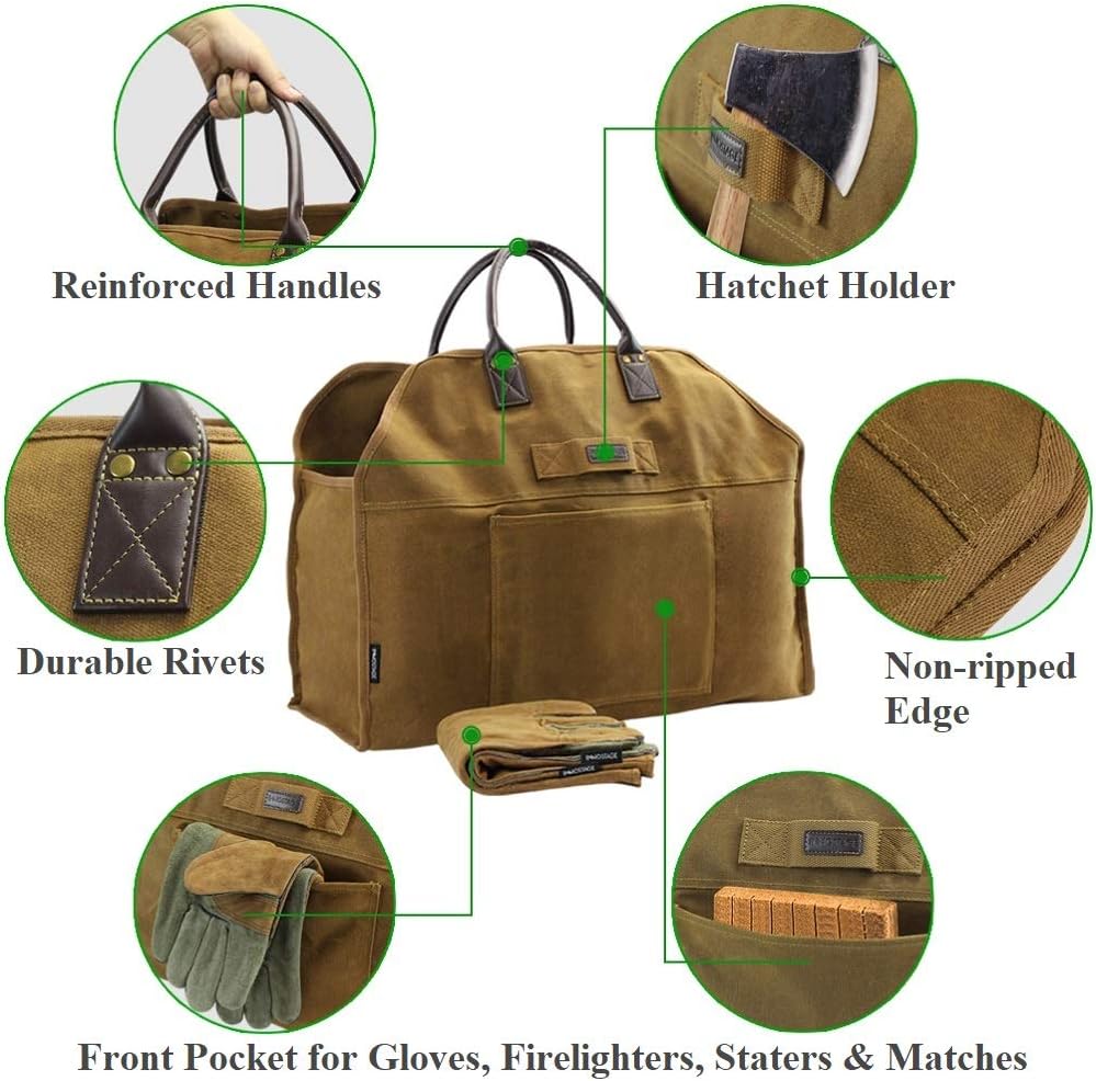 INNO STAGE Waxed Canvas Firewood Log Carrier with Gloves Extra Large Capacity, with Pocket, Waterproof, Heavy Duty, Wood Tote Bag Holder, for Fireplace, Wood Stove, Camping