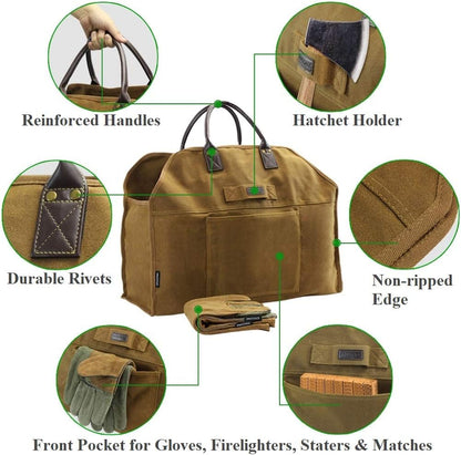INNO STAGE Waxed Canvas Firewood Log Carrier with Gloves Extra Large Capacity, with Pocket, Waterproof, Heavy Duty, Wood Tote Bag Holder, for Fireplace, Wood Stove, Camping