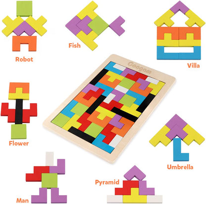 Coogam Wooden Blocks Puzzle, 40-Piece 3D Russian Blocks Tangram Jigsaw Brain Teaser Game, Colorful Wooden STEM Montessori Educational Puzzle for Kids & Adults