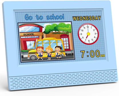 SENXINGYAN Kids Digital Alarm Clock, 7" Eye-Caring Display with Voice Scene Reminders, Cartoon Drawing Schedule Clock, Automatic Dimming, Blue